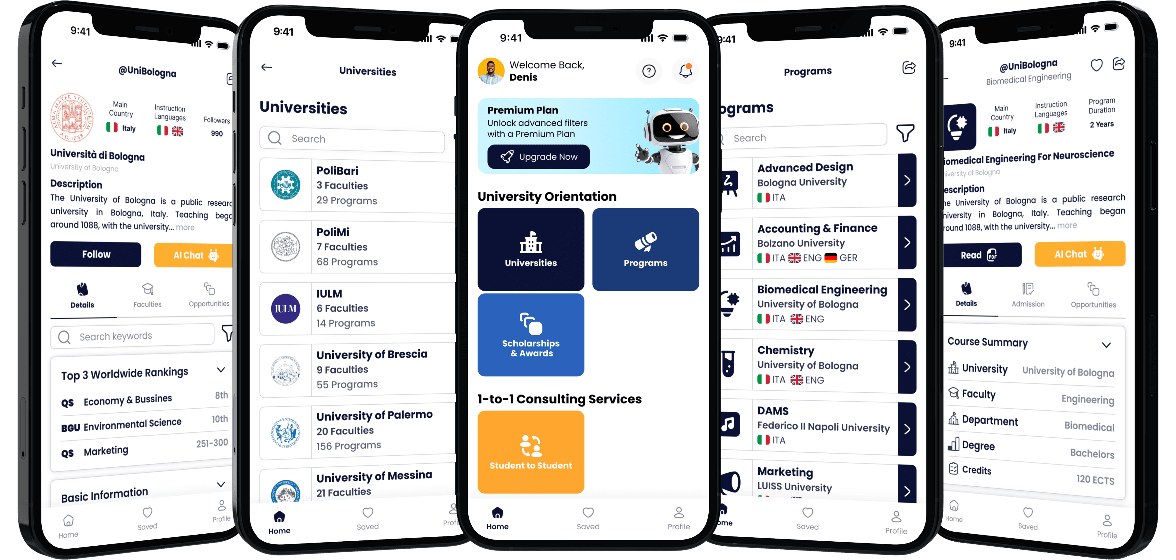 Mobile app screens showing university profile and opportunities