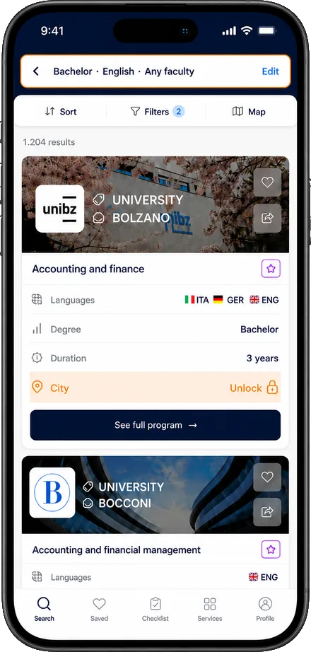 Neuture.ai results: university programs compared in one list